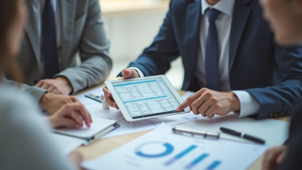 Consultor mostrando comparativa de especificaciones técnicas en tablet a cliente