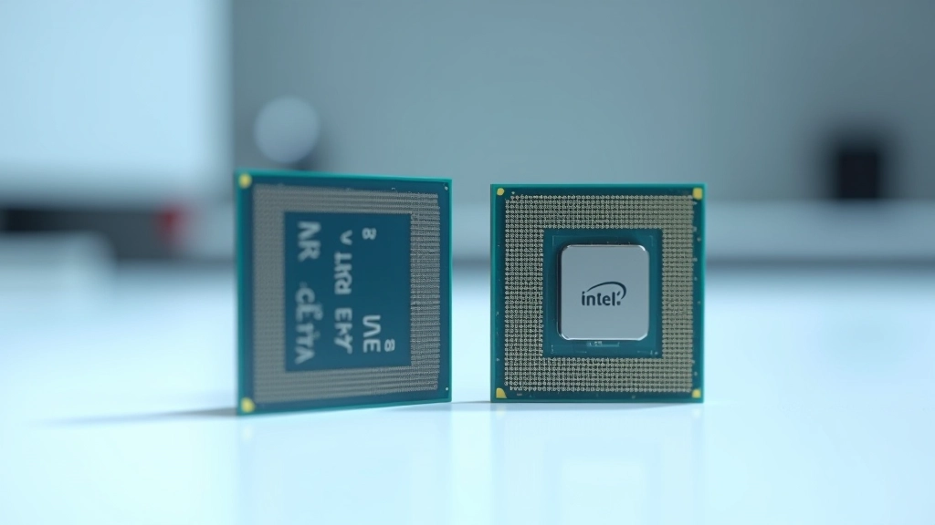 Procesadores Intel y AMD lado a lado en una mesa de laboratorio, con especificaciones técnicas de fondo