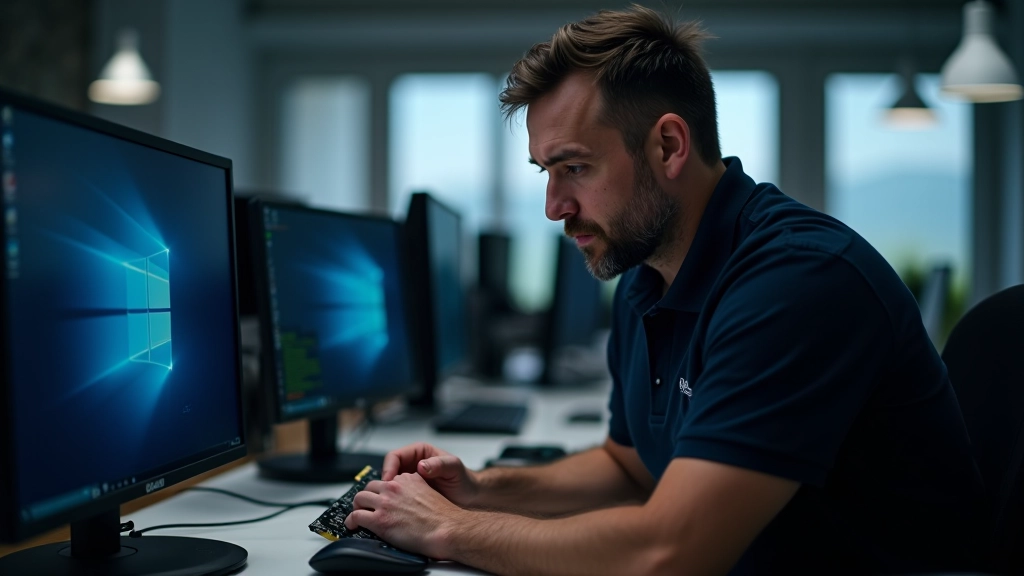 Persona técnico comparando especificaciones de tarjetas gráficas NVIDIA y AMD en un monitor de laboratorio