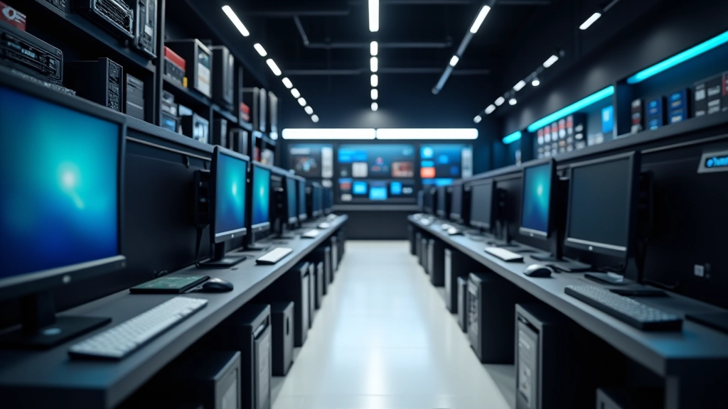 Tienda especializada en componentes de computadora en Palma, con monitores y hardware profesional expuesto