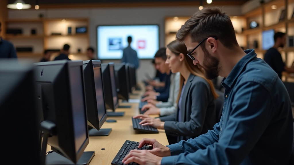 Tienda de tecnología moderna con clientes examinando equipos de hardware