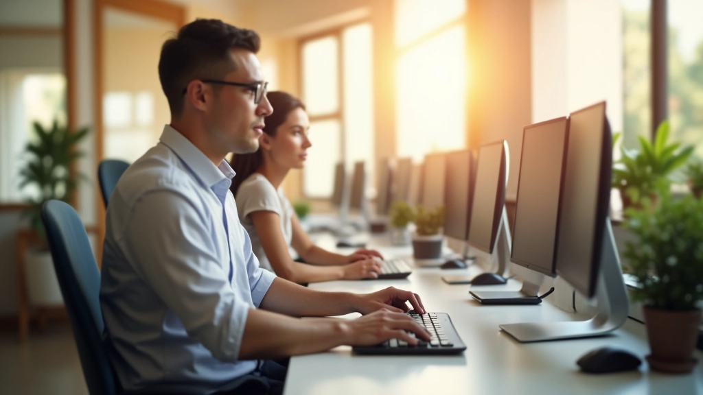 Oficina con dos trabajadores configurando equipos