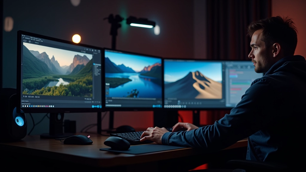Estación de trabajo profesional con múltiples monitores para edición de vídeo y diseño gráfico